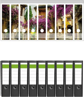 Produktbild von Wallario 9 Stück breite Ordner inkl. Klebeetiketten mit Motive Malerische Stadt in der Provence mit bunten Blumen -  Set mit Rückenschildern / Ordnerrücken Stickern