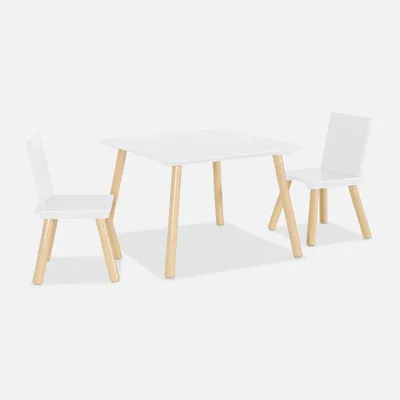 A white square table with two white chairs with wooden legs, set against a white background.