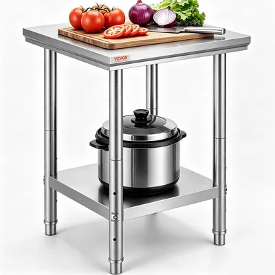 Produktbild von VEVOR Edelstahl Arbeitstisch 30 x 18 x 34 Zoll, 700 LBS Tragfähigkeit mit 4 Rädern, 3 verstellbare Höhenstufen, robuster Lebensmittelvorbereitungstisch für gewerbliche Küchenrestaurants, Silber, 600x600x800 mm