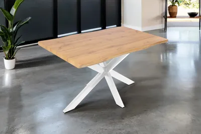 Produktbild von Esstisch 120x80 cm Baumkante Holz Wildeiche-Optik Spider-Gestell Metall weiß JOSY