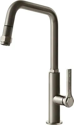 A studio shot of a kitchen faucet against a white background.