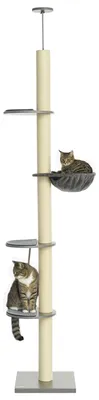 Productafbeelding van Krabpaal met hangmat, inclusief plafondspanner, plafondhoogte, 40 cm x 40 cm x 250 cm, grijs + crèmewit