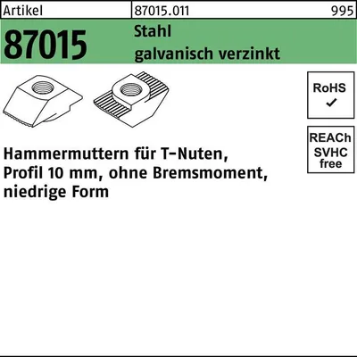 Produktbild von Hammerkopfmutter R 87015 o.Bremsmoment niedrig 10mm M 8 Stahl galvanisch verzinkt