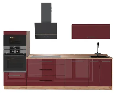 Productafbeelding van Complete keukeneenheid Vicco Fame-Line Bordeauxrode hoogglans/Goudkleurig Eiken 280 cm zonder werkblad, Model 64698