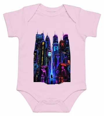 Zdjęcie produktu dla Cyberpunk, neonowy skyline miasta, futurystyczne miasto, Japonia, styl Y2K, body, różowy, rozmiar 6/12