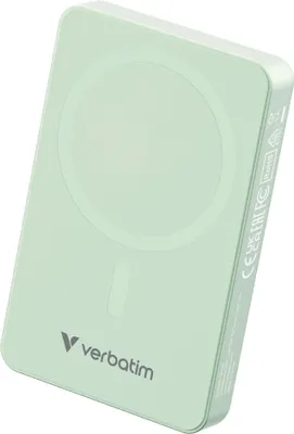 A light green portable charger with a magnetic charging ring on a white background.