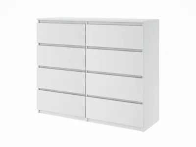 A white dresser with eight drawers, shown from a three-quarter angle against a white background.