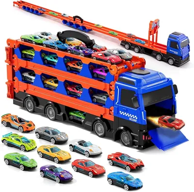 Image de Camion jouet, pour les enfants de 3 à 7 ans, circuit de course avec 24 voitures miniatures, camion transformable, idéal pour les enfants
