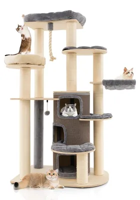 Immagine prodotto di Albero per gatti - Struttura per arrampicata - Mobile per gatti - Casetta per gatti - Albero giochi - Altezza 173 cm - Realizzato in legno massello con sisal e peluche