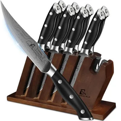 Image de Ensemble de 8 couteaux à steak, lame de 12,2 cm, manche ergonomique, acier inoxydable à haute teneur en carbone, couleur noire
