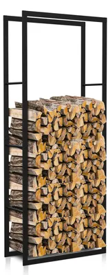 Zdjęcie produktu dla Półka na drewno kominkowe Peviasot, 150 × 80 × 25 cm, metal, czarny, wolnostojąca półka na drewno do kominka i pieca