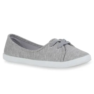 Produktbild von Mytrendshoe Sportliche Damen Ballerinas Stoff Slipper Sneaker Flats Schnürer 96645, Farbe: Hellgrau, Größe: 38