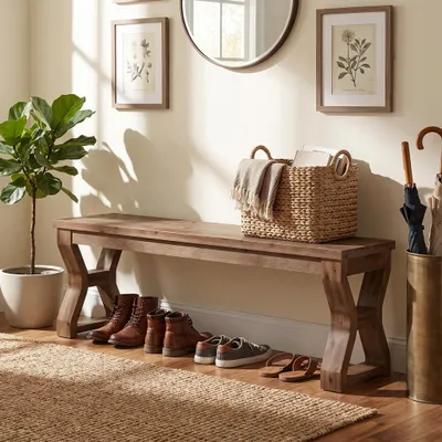 Produktbild von Tribesigns 140 cm Massivholz-Eingangsbank mit X-förmigen Beinen | Schuhbank im Landhausstil, offener Stauraum, für Flur, Eingangsbereich, Dunkelbraun