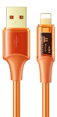 Imagen del producto de Cable de carga transparente Mcdodo CA-2081 para dispositivos iOS, con función de carga rápida y transferencia de datos. Color: naranja. Longitud: 1.2 metros