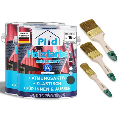 Produktbild von Plid Holzfarbe Moosgrün 1,5l + Pinselset 3-tlg. / Innen & Außen - Wetterschutzfarbe Holzfarbe Außen - Dauerhafte Holzschutzfarbe - Holzlack