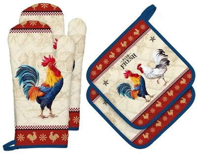 Productafbeelding van Unyqoos® Bunte ovenwanten en pannenlappen, set van 4 – 100% katoen, hittebestendig tot 260 °C, handschoenen 19x35 cm, pannenlappen 22x22 cm, met ophangoogjes