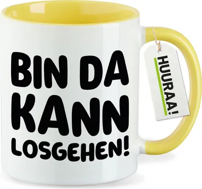 Produktbild von Huuraa Kaffeetasse Bin da  kann losgehen 330ml Gelb Keramik Kaffeebecher Geschenkidee