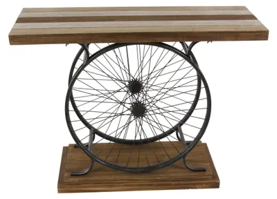 Image de Table console "Deco 79" en bois, avec un large plateau en lamelles et un cadre à double roue