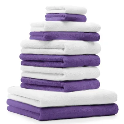 Produktbild von Betz 10-tlg. Handtuch-Set PREMIUM 2 Duschtücher 4 Handtücher 2 Gästetücher 2 Waschhandschuhe Farbe: lila & weiss
