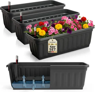 Produktbild von Balkonkasten mit Wasserstandsanzeiger, Pflanzkasten 4er Set Anthrazit, 60cm