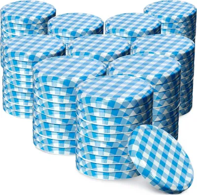 A stack of blue and white checkered jar lids.