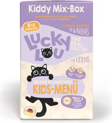 Produktbild von Lucky Lou Lifestage Kitten Kiddy Mix-Box, Kitten, Rind, Geflügel, Forelle, Getreidefrei