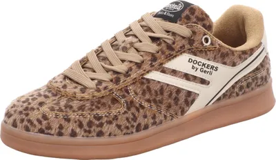A single Dockers by Gerli women's sneaker with a leopard print pattern is shown against a white background.