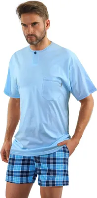 Produktbild von Sesto Senso Herren Schlafanzug Set - Bequeme Baumwolle, Kurzarm T-Shirt und Kurze Hose mit Madras Karo, Atmungsaktiv, Praktische Taschen, Blau, Für Männer, Europäische Qualität L