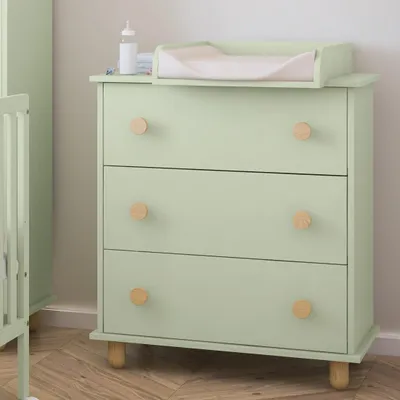 Produktbild von ZEE LUMI Mint 83x93x48 cm Wickelkommode mit 3 Schubladen Abnehmbarer Wickelaufsatz Holzdetails Skandinavisches Design Babyzimmer Kommode