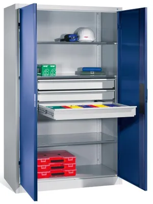 Produktbild von Schwerlastschrank mit mittigem Schubladenblock, BxTxH 1200x600x1950 mm, RAL 7035/5012
