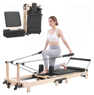 Zdjęcie produktu dla VEVOR, urządzenie do pilatesu, reformer, składane, wymiary 2310 x 680 x 755 mm, wykonane z drewna bukowego, przeznaczone do użytku domowego i w siłowni, wyposażone w platformę do skoków, siedzisko, regulowaną poduszkę pod głowę oraz cichy system jezdny, udźwig do 181 kg