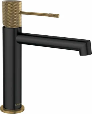 A single black and gold faucet against a white background.