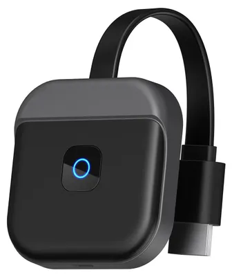 A black wireless HDMI adapter with a blue illuminated ring on a white background.