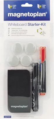 Zdjęcie produktu dla Magnetoplan 37102, Zestaw akcesoriów, Czarny, Czerwony, 0,7 kg, Blister, Gąbka do tablicy, Magnes na tablicę, Marker do tablicy