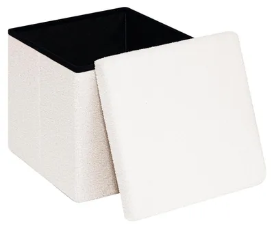 Immagine prodotto di Pouf pieghevole in tessuto bouclé, con spazio contenitore, color crema, 38x38x38 cm