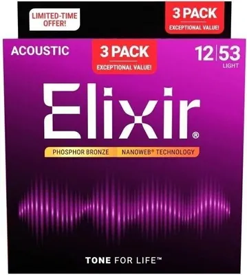 Produktbild von Elixir 16569 Nanoweb 12-53 3-Pack Saiten für Akustikgitarre