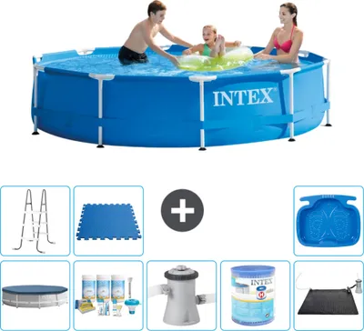 Produktbild von Intex-Schwimmbecken mit rundem Rahmen – 305 x 76 cm – Blau – im Lieferumfang enthalten Abdeckung - Wartungspaket - Filterpumpe für Schwimmbad - Filter - Solarmatte - Leiter