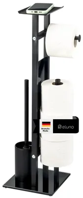 Produktbild von eluno Stand WC-Garnitur 4in1, WC-Bürste, Rollenhalter und Ablage, aus rostfreiem Edelstahl und schwarzem Glas