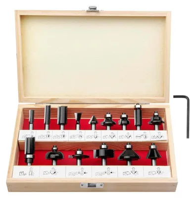 Immagine prodotto di Set di frese da legno da 15 pezzi con gambo da 8 mm, in metallo duro, completo di custodia in legno