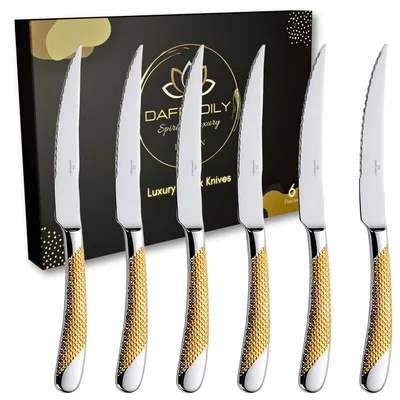 Steakmesserset, 6 Stück, Gold, Edelstahl, Geschenkbox