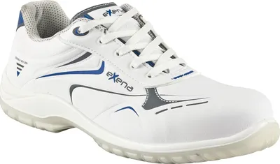 A single white safety shoe with blue and gray accents is shown against a white background.