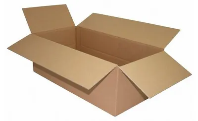 An open cardboard box on a white background.