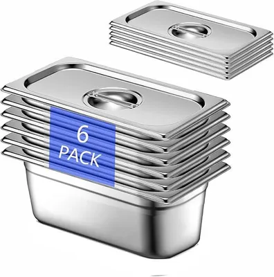 Imagen del producto de 6 recipientes GN 1/3, de 32,5 x 17,5 x 10 cm. Recipientes de acero inoxidable con tapa, aptos para uso en hostelería, para alimentos, tartas, bandejas para buffet, etc