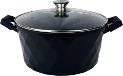 A black cooking pot with a glass lid and silver handles, shown from the front on a white background.