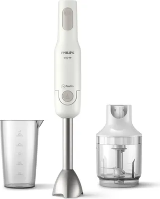 A white and silver hand blender with accessories against a white background.