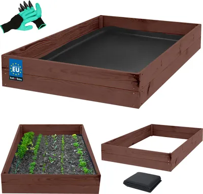 Obrázok produktu pre KOTARBAU® Vyvýšený záhon do záhrady 120 x 100 x 18 cm, zeleninový záhon s netkanou textíliou, bylinkový záhon, rukavice s hrotmi, kvetináč z impregnovaného borovicového dreva, hnedý