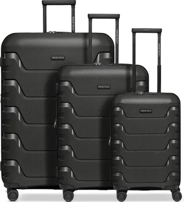 Three black suitcases of varying sizes are arranged in a row on a white background.