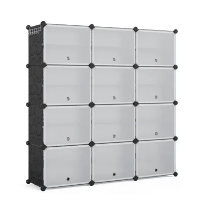 A modular shoe storage cabinet with multiple compartments and doors, shown against a white background.