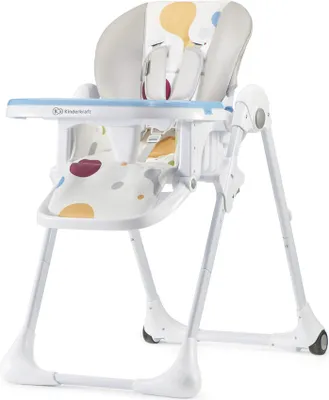 A white high chair with a colorful patterned seat and tray, shown against a white background.