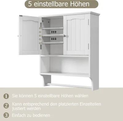 Produktbild von Wandmontierter Badezimmer-/Küchenschrank - Medizinschrank - 2 verstellbare Einlegeböden - Handtuchhalter - Weiß